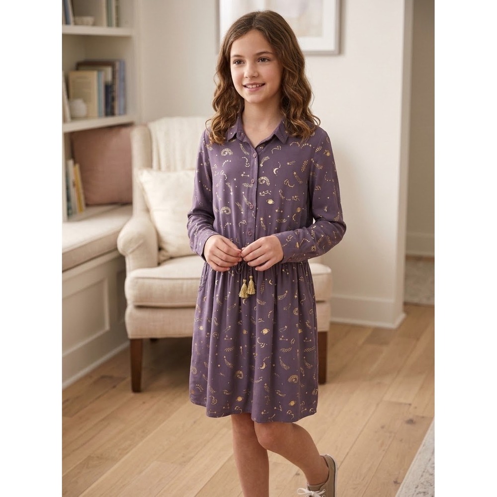 Mini Boden planet stars comet print shirt dress Size 11-12y purple gold